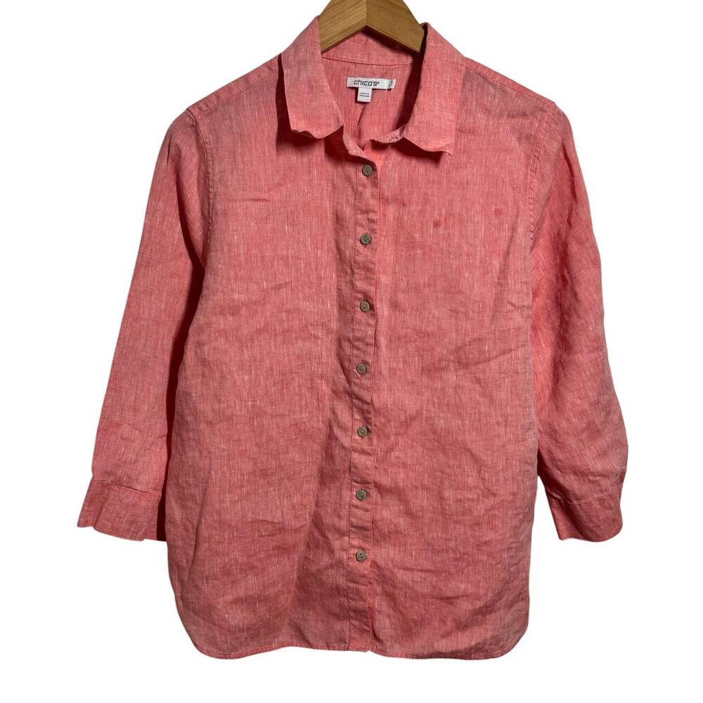 Chico's Linen Button Up Top Women US 10 Salmon Pink Beach Coastal Vacation Light